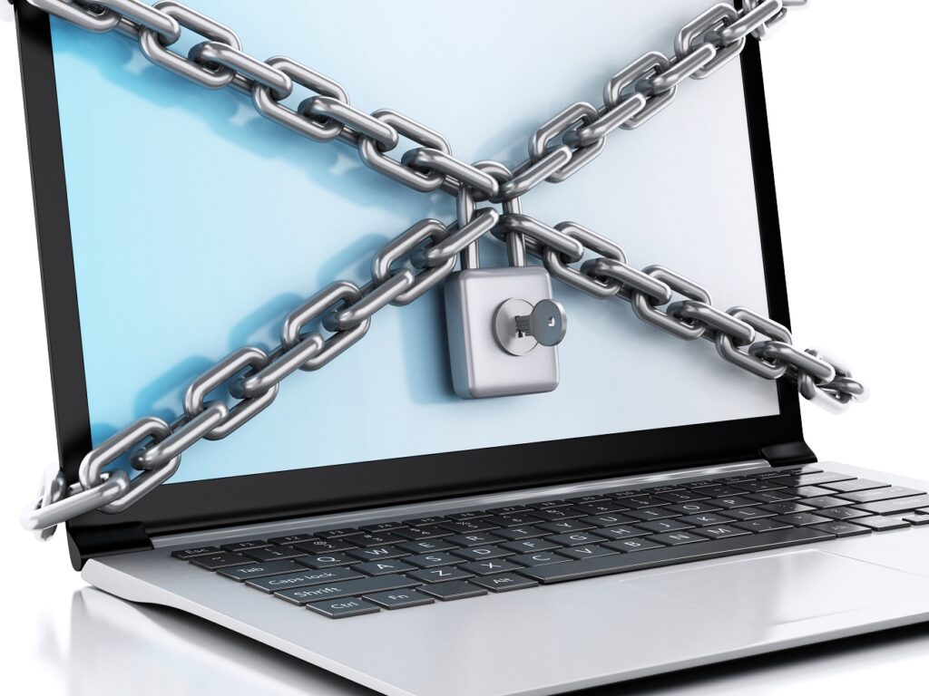 3d Laptop locked by padlock. Security concept.